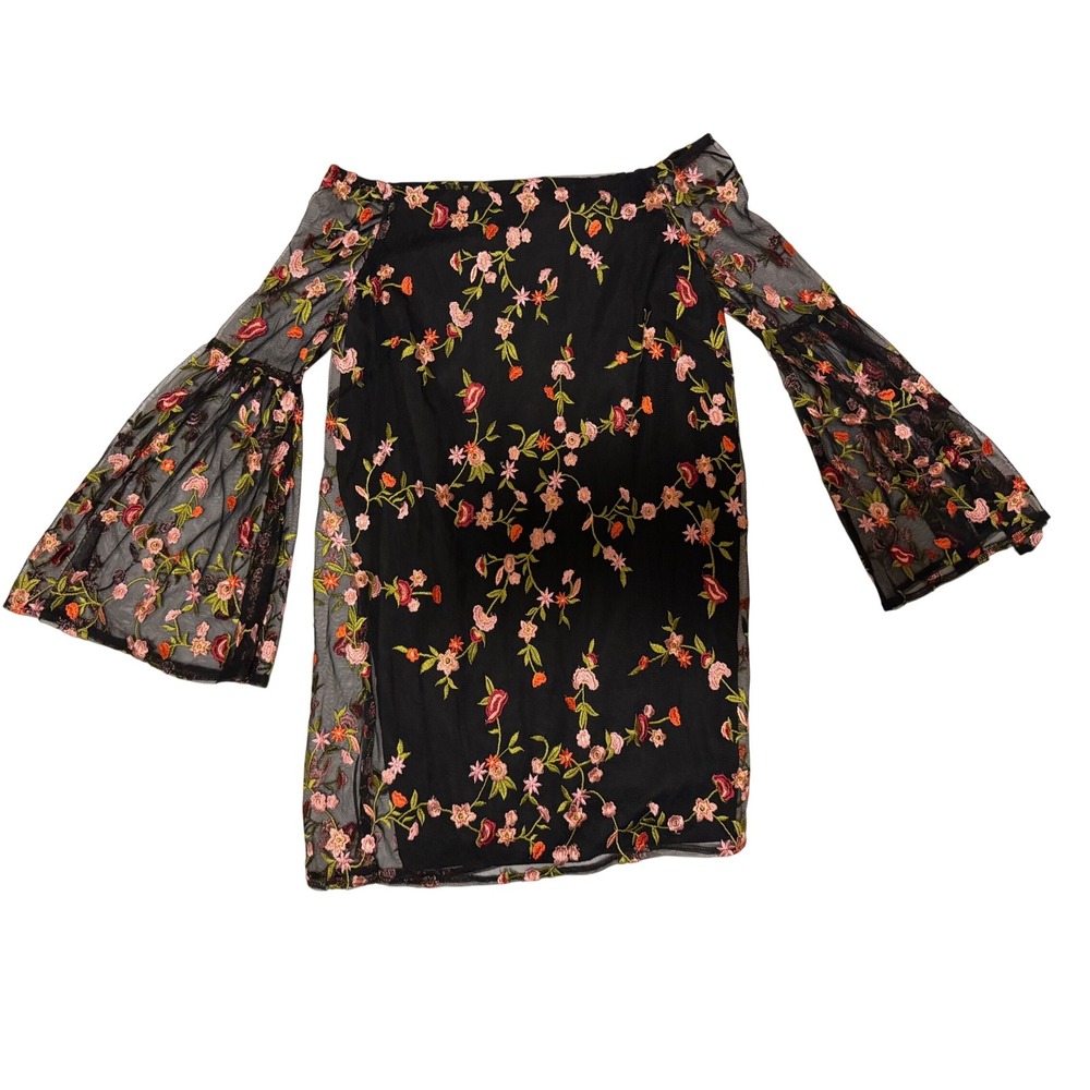 Olivaceous Black Floral Embroidered Mesh Off the Shoulder Bell Sleeve Mini Dress